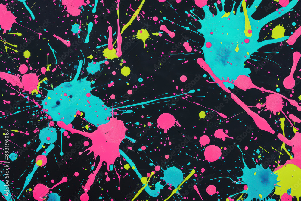 Poster abstract colorful neon paint splatters on a black background, creating a vibrant and dynamic visual 