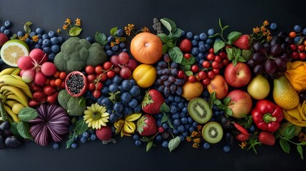 Topview vibrant array of fresh, healthy fruits like apples, oranges, grapes red and green, kiwi, and a pineapple burst with color on a dark background
