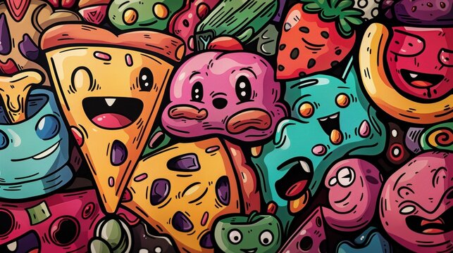 A vibrant, colorful illustration featuring a variety of cute, animated food characters like pizza slices, strawberries, and more. Fun and playful design.