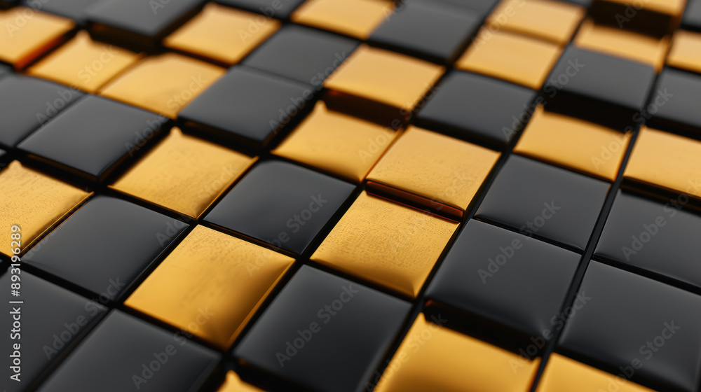 Poster ed abstract background with glossy black and gold cubic tiles forming a geometric pattern, modern an