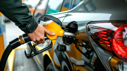 Close-up of a hand holding a gas pump while filling a car with fuel