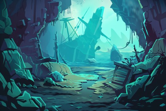 Mysterious Underwater Shipwreck Scene with Glowing Crystals and Ancient Artifacts