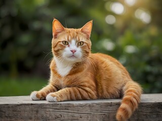 orange cat with blur background, orange cat is sitting and looking