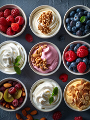 Assorted bowls of yogurt with various fruit and nut toppings.