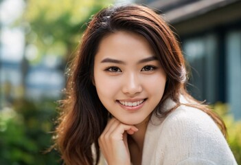 Obraz premium A young Asian lady smiles brightly. Model concept for promoting various products