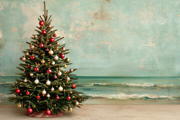 Festive Christmas tree adorned with colorful ornaments set against a beautiful seaside backdrop, perfect holiday decoration for coastal celebrations.