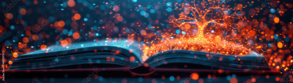 Poster an open book with a magical tree growing from its pages, surrounded by glowing particles, symbolizin