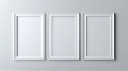 Minimalistic white frames on a white wall, offering a clean and blank canvas perfect for design, art, or graphy exhibitions in modern settings.
