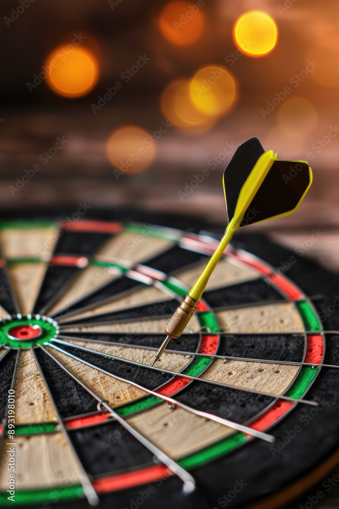 Aufkleber a close-up of a dart hitting the bullseye on a dartboard, with a blurred background and bokeh lights