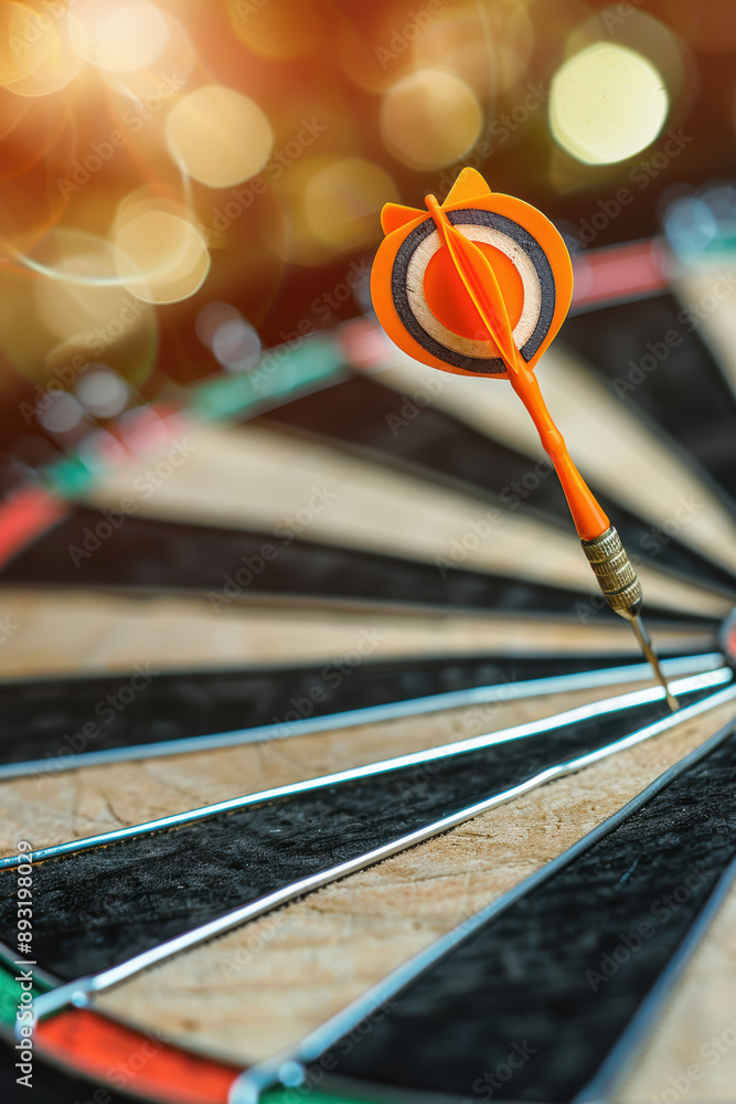 Poster close-up of a perfectly aimed dart stuck in the bullseye of a dartboard, symbolizing precision, succ