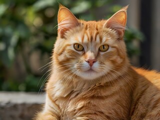 orange cat with blur background, orange cat is sitting and looking