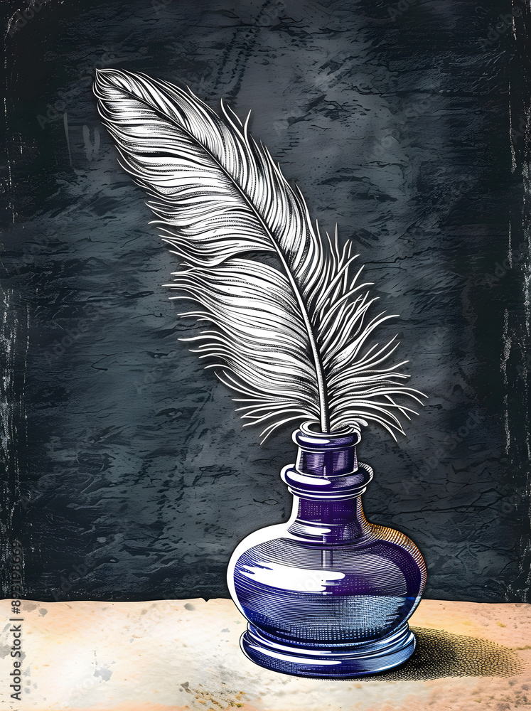 Wall mural Feather quill pen in inkwell. Hand drawn sketch illustration in vintage engraving style