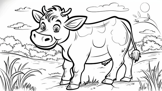 Printable coloring page with a cute cartoon cow. Perfect for kids to color in.