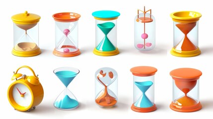 Set of 3D hourglass, sand clock, and time icons. Glossy watch to countdown hours and minutes. Isolated design elements for social media on a white background.