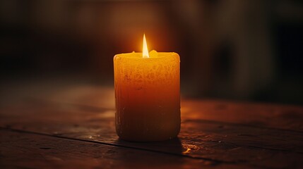 Warm Glowing Candle on Wooden Surface in Dark Ambient Setting, Cozy Atmosphere, Romantic and Tranquil Light for Relaxation, Meditation, and Autumn Vibes, Perfect for Seasonal Home Decor and Spa
