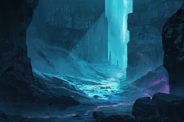 Mysterious alien landscape with glowing river and towering rock formations