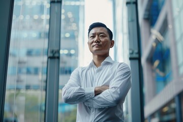 A confident businessman stands with crossed arms in front of a modern office building
