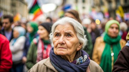 Obraz premium A crowd of people at a public action or demonstration, in the center of the photo there is an old woman with a thoughtful face, the essence of collective protest that is associated with civil rights