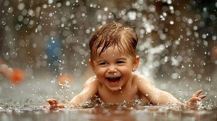 Fototapeta premium A stunning and clear photo of a child playing in the rain, splashing in puddles with pure joy