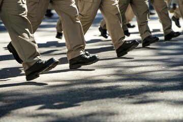 Fototapeta premium A group of male police officers marching in formation on the street, their legs and feet visible from the side view, in a military parade style on a sunny day with sunny daylight and shadows from tree