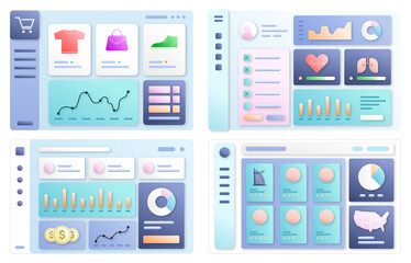 4 Industry Analytics Dashboards PNG 3D style - Finance, Hospitality, E-commerce, Healthcare