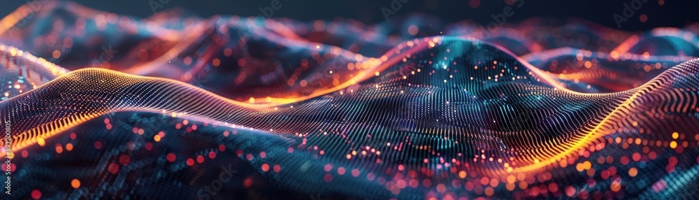 Poster abstract digital landscape with flowing lines and neon lights, representing data waves and futuristi