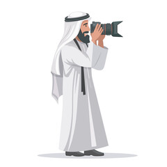 Arabic Muslim man wearing white traditional dress holding DSLR camera taking pictures