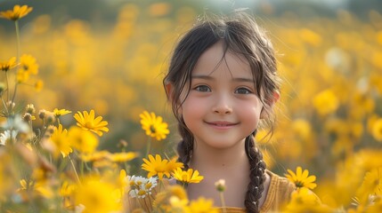 smiling girl, bathed in summer sun, twirls in a field of giant yellow sunflowers