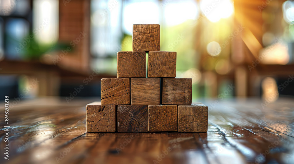 Poster wooden blocks stacked in a pyramid on a polished table with a bright blurred background. sunlight sh