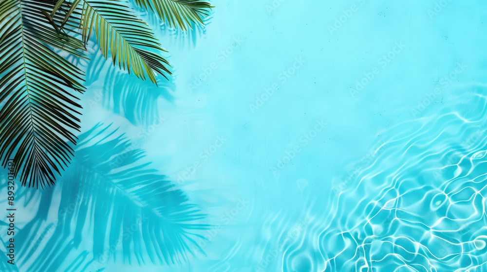 Poster a serene view of a clear blue pool with sunlight reflecting on the water and palm leaves casting sha