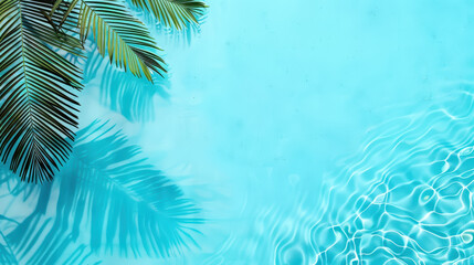 A serene view of a clear blue pool with sunlight reflecting on the water and palm leaves casting shadows, creating a tropical and relaxing atmosphere.