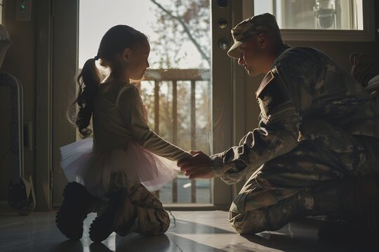 A heartwarming scene of an American soldier kneeling down facing his daughter in her ballerina outfit holding hands with him as he approaches the door to leave for work, capturing their bond amidst mi