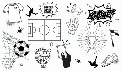 Doodle soccer element set. Football goal, award cup, soccer ball hand drawn line doodle sketch style equipment. Vector illustration © halimqdn