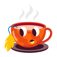 Cute hot tea cup with emoji, flat sticker 

