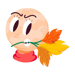 Fall emoji holding leaves in mouth, flat sticker 

