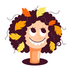 A flat style mascot of autumn girl with leaves on head 

