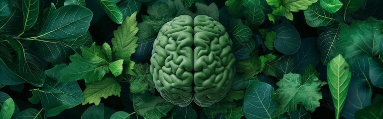 Obraz premium Green brain shape surrounded with fresh leaves, nature inspired intelligence, symbolizing eco friendly thinking. 