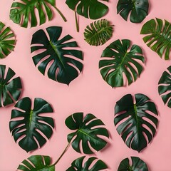 Tropical leaves Monstera on pink background. Flat lay, top view Gerenative AI