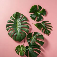 Tropical leaves Monstera on pink background. Flat lay, top view Gerenative AI
