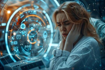 Idea: Modern medical technology concept  Description: A woman in distress clutches her head in pain in a sleek, futuristic medical facility. Advanced diagnostic equipment and digital