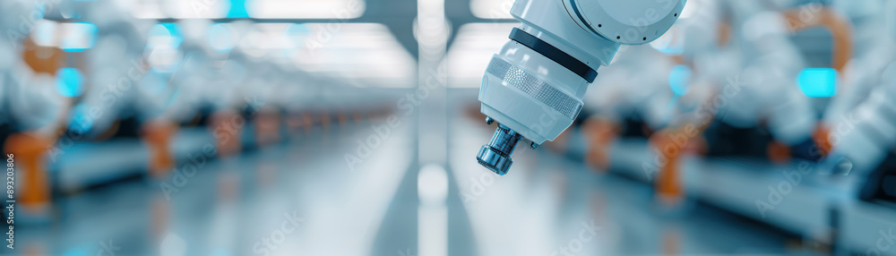 Poster close-up view of a robotic arm in a high-tech automated factory, showcasing modern machinery and adv