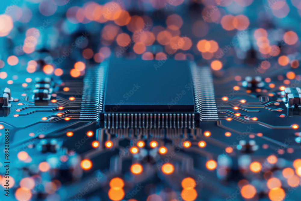 Poster close-up of a microchip embedded on a futuristic circuit board with glowing orange connections, depi