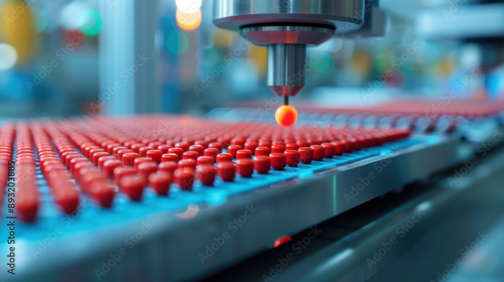 Poster close-up of pharmaceutical manufacturing process with red pills being precisely sorted on an automat