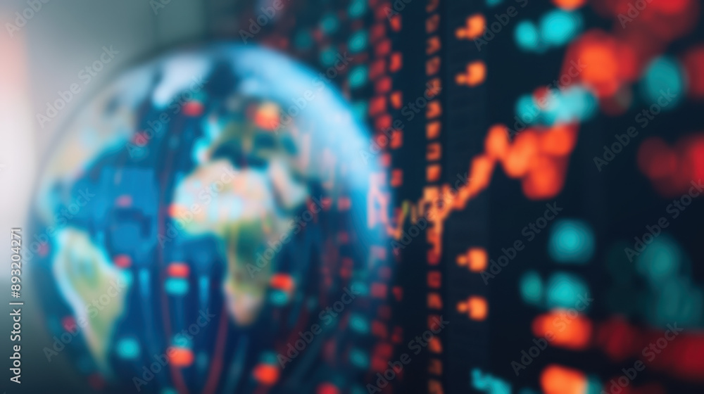 Poster global financial market trends with a focus on stock charts and data analytics represented by a digi