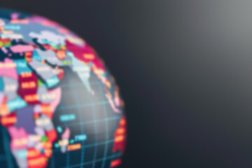 Blurred world map showing colorful continents on a dark background, representing global diversity and international connections.