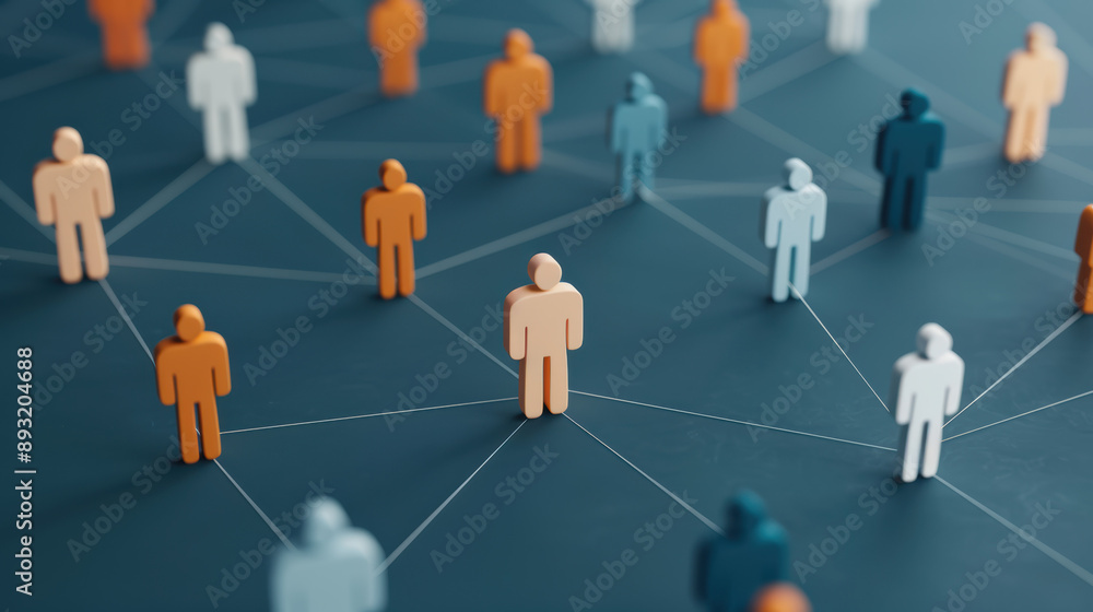 Aufkleber conceptual image depicting a network of interconnected figures, representing communication, teamwork