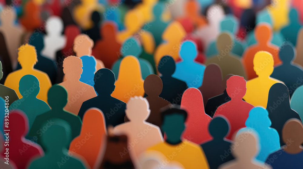 Poster colorful cutouts of diverse people in a crowd represent unity and diversity. perfect for concepts of