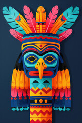 Obraz premium Colorful, intricate tribal mask with vibrant feathers and geometric patterns, representing indigenous art and cultural heritage.