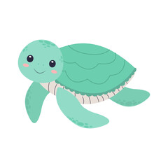 Cute turtle, children's illustration on a white background. Vector, flat style. Sea life.