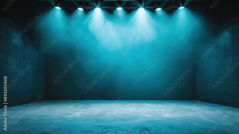 Poster empty theater stage illuminated by dramatic blue lighting, creating a captivating and mysterious atm